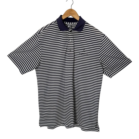 FootJoy Morefar Golf Polo Shirt‎ Mens L Athletic Fit Blue White Striped - Picture 1 of 9